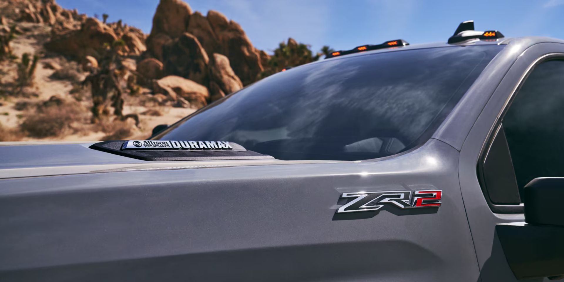 up close on a silverado hd showcasing the ZR2 badging on the side hood