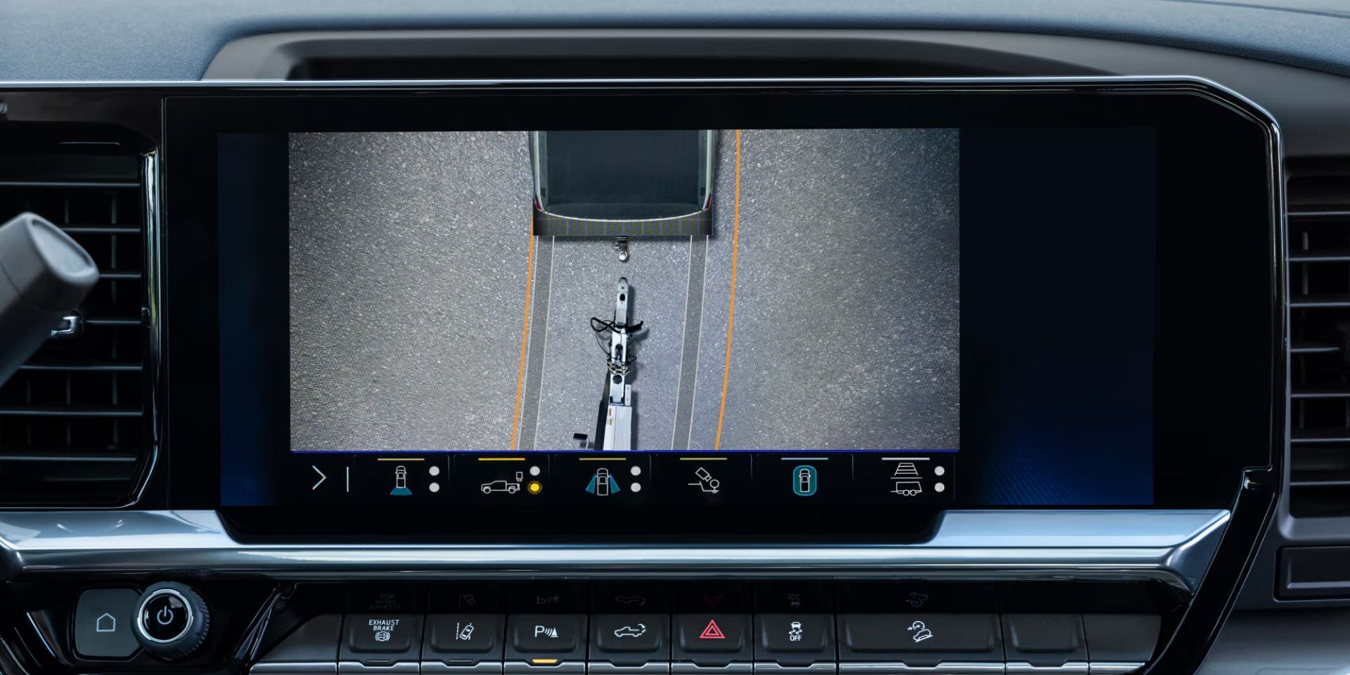 backup camera showcasing towing hitch guide in the 2025 silverado hd