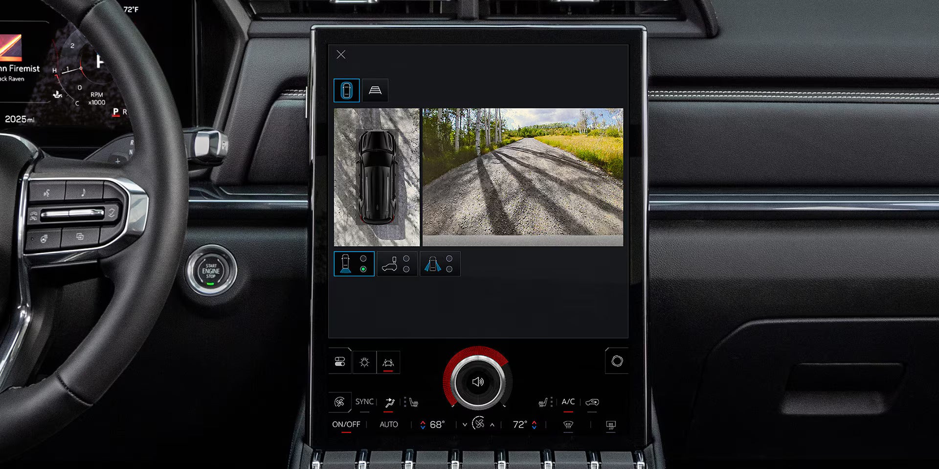 view of the vehicle and sounding area around gmc terrain in the infotainment screen assisting the driver